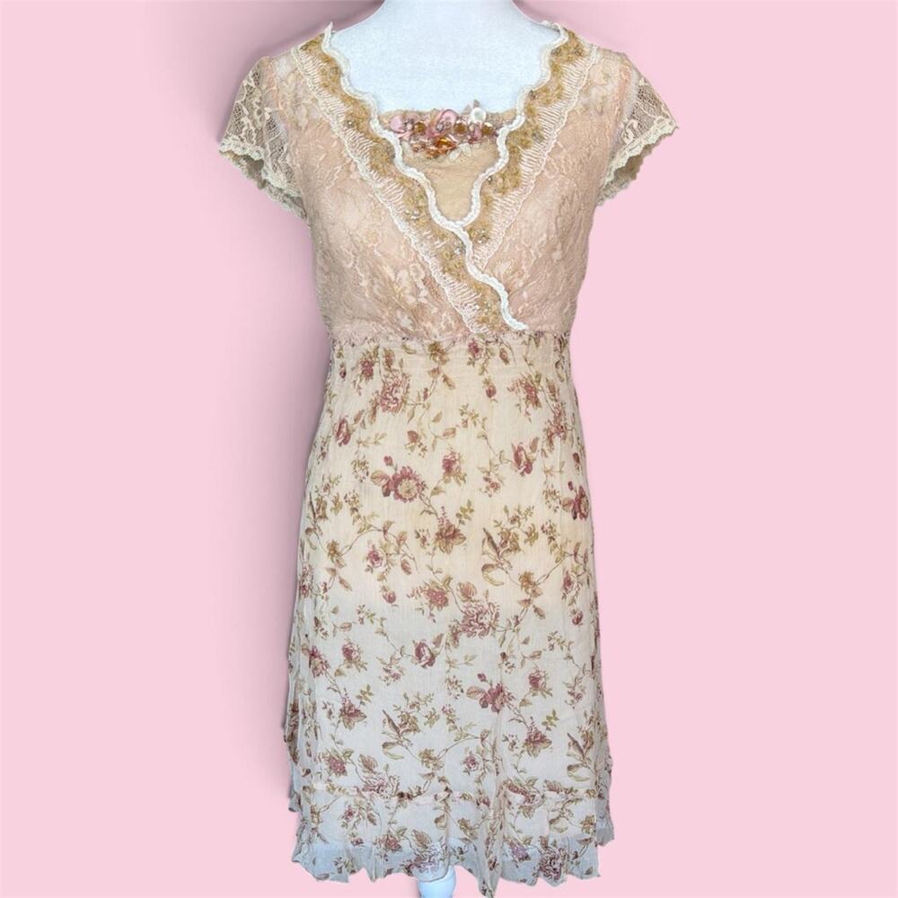 Eternal Colour 100% silk pink & cream floral lace babydoll dress